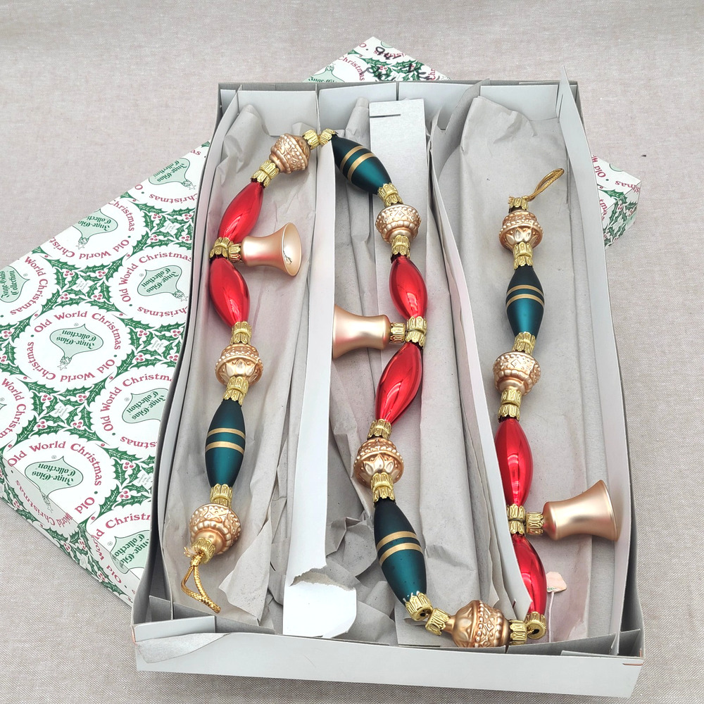 Vtg Inge Glas OWC Glass Christmas Garland Teardrop Gold Bell West Germany 40"